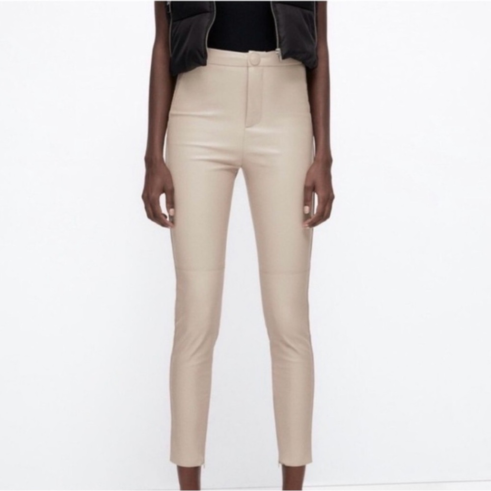 Zara Khaki Pleather Ankle Length Pants